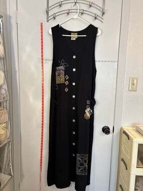 Vintage Blue Cactus Black Button-Front Maxi Dress with Artistic Patches